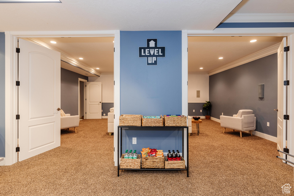 Recreation room featuring carpet and crown molding