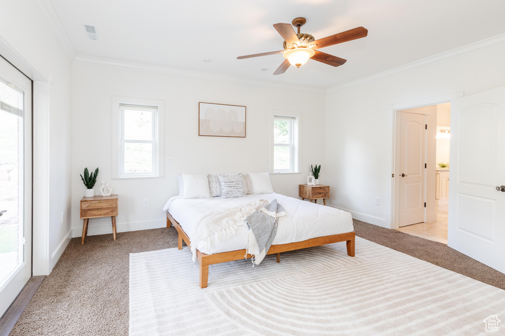 Carpeted bedroom with ceiling fan, crown molding, and access to exterior