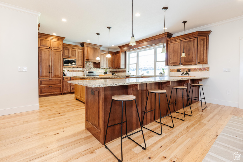 Kitchen with a kitchen breakfast bar, light hardwood / wood-style flooring, premium range hood, light stone countertops, and stainless steel microwave