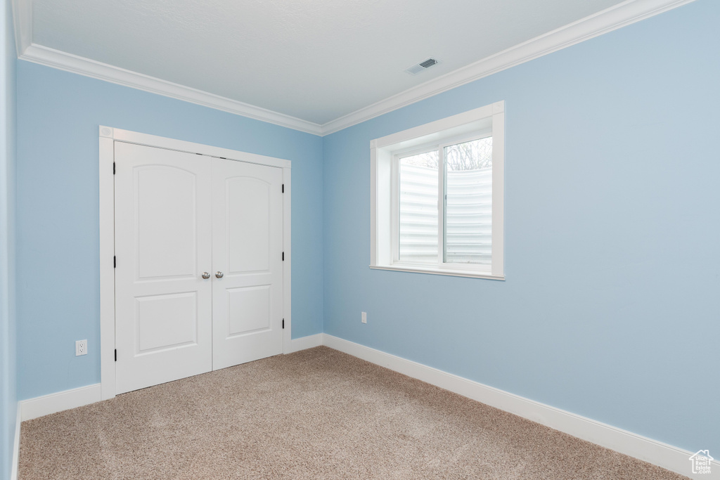 Unfurnished bedroom with a closet, carpet, and ornamental molding