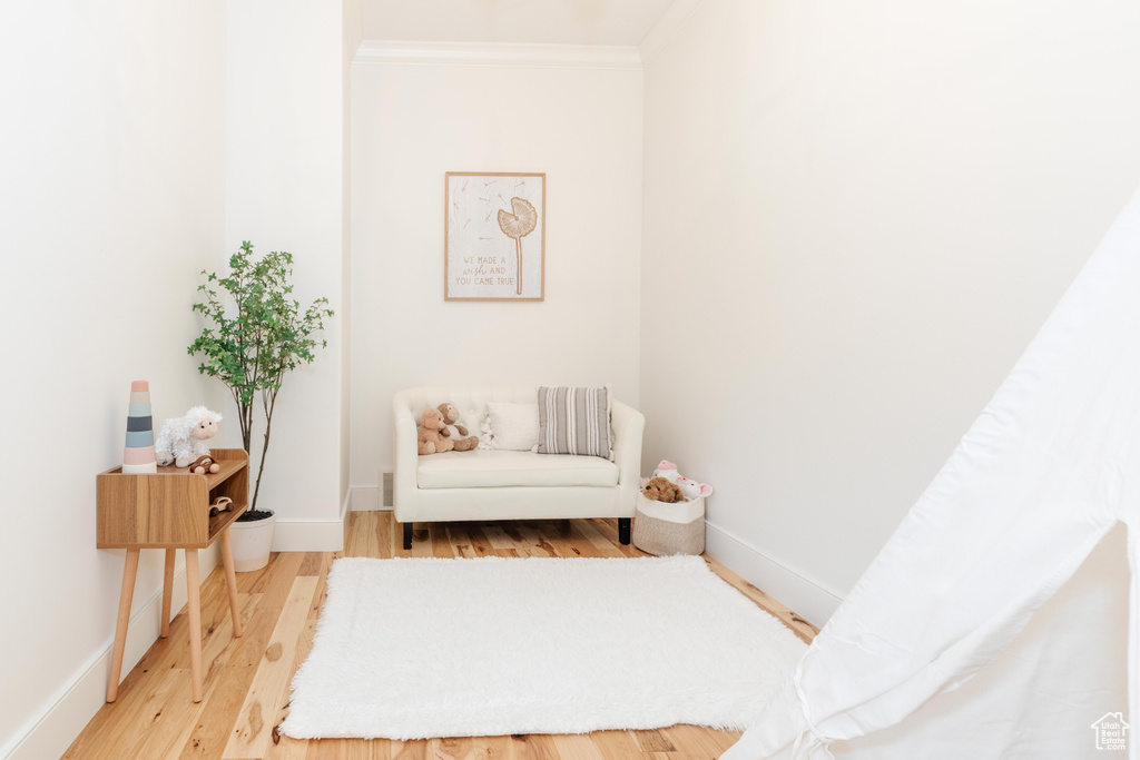 Sitting room with light wood-type flooring and ornamental molding