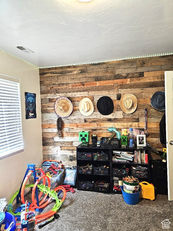 Game room with wooden walls and carpet