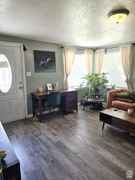 Living room featuring a textured ceiling, plenty of natural light, and hardwood / wood-style floors