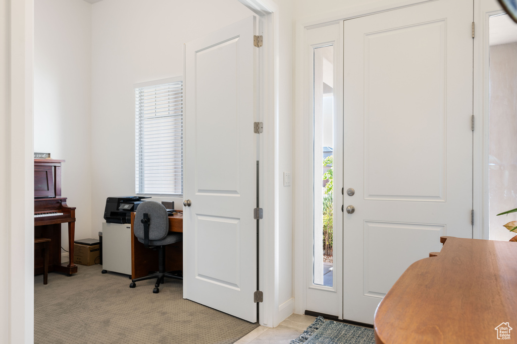 Carpeted foyer featuring a healthy amount of sunlight