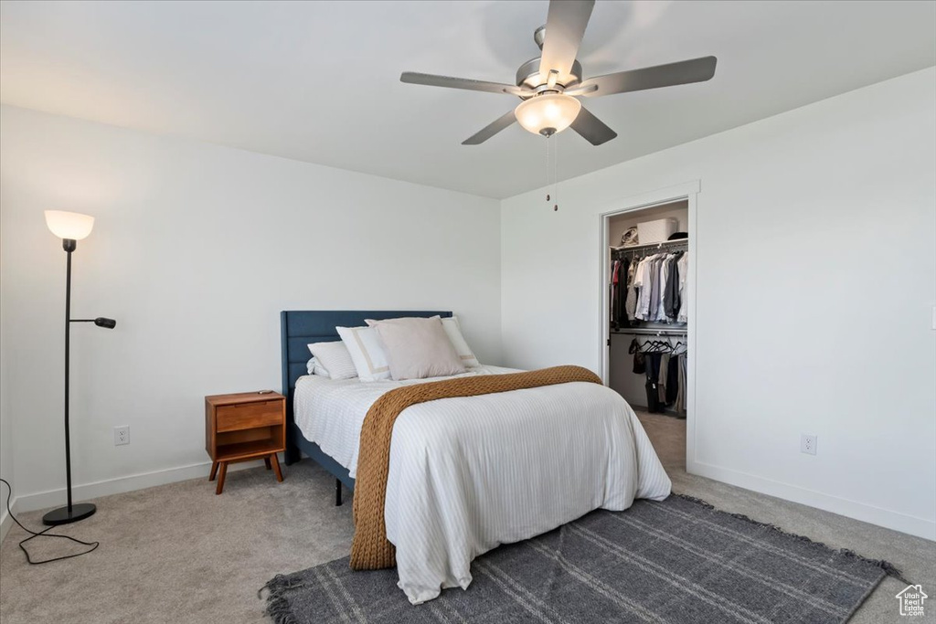 Carpeted bedroom with ceiling fan, a walk in closet, and a closet