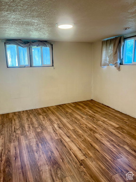 Basement featuring wood-type flooring and a textured ceiling