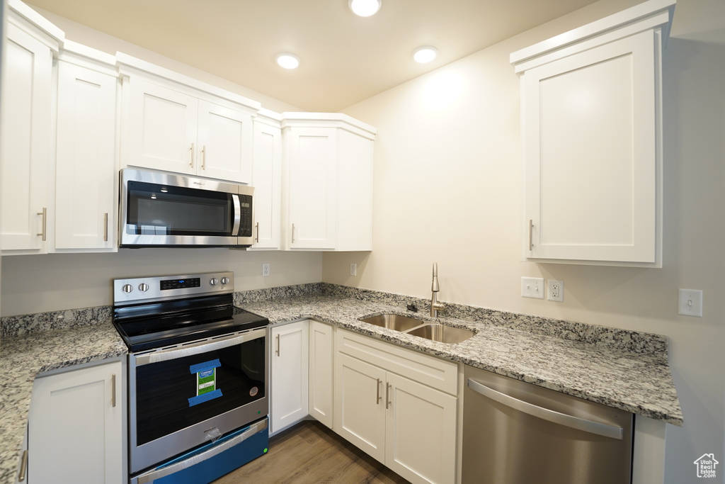 Kitchen featuring sink, stainless steel appliances, light stone counters, and wood-type flooring