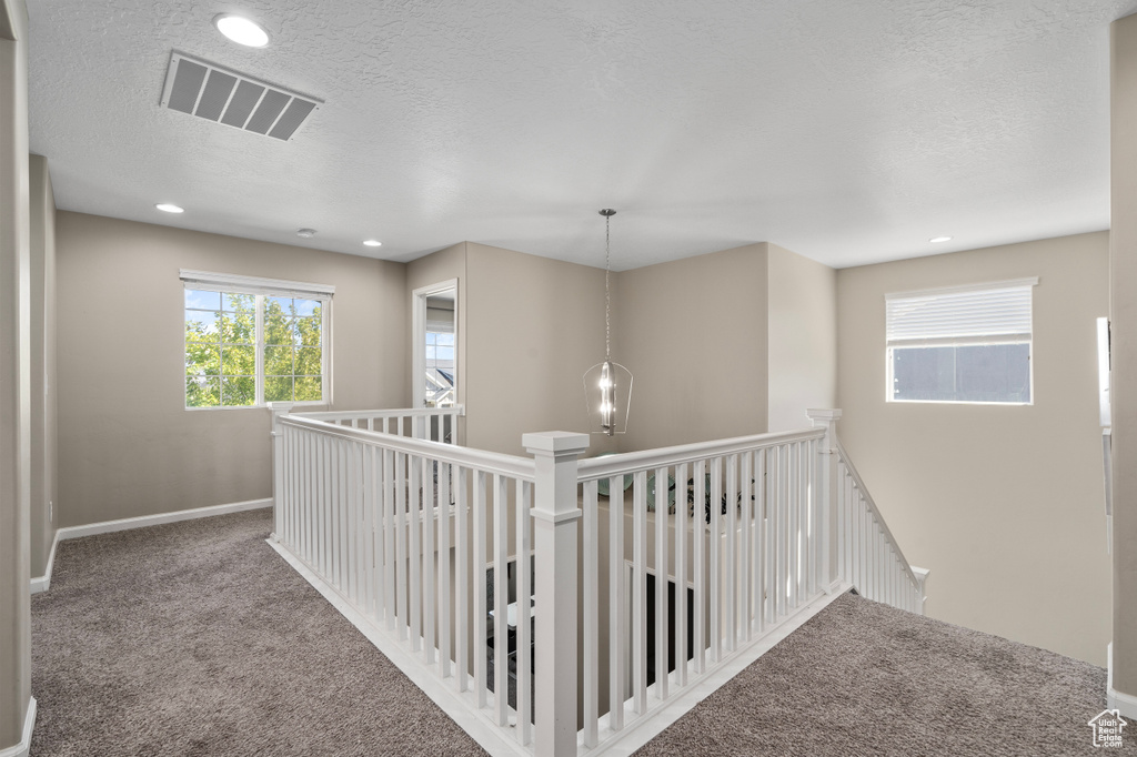 Hall featuring carpet and a textured ceiling