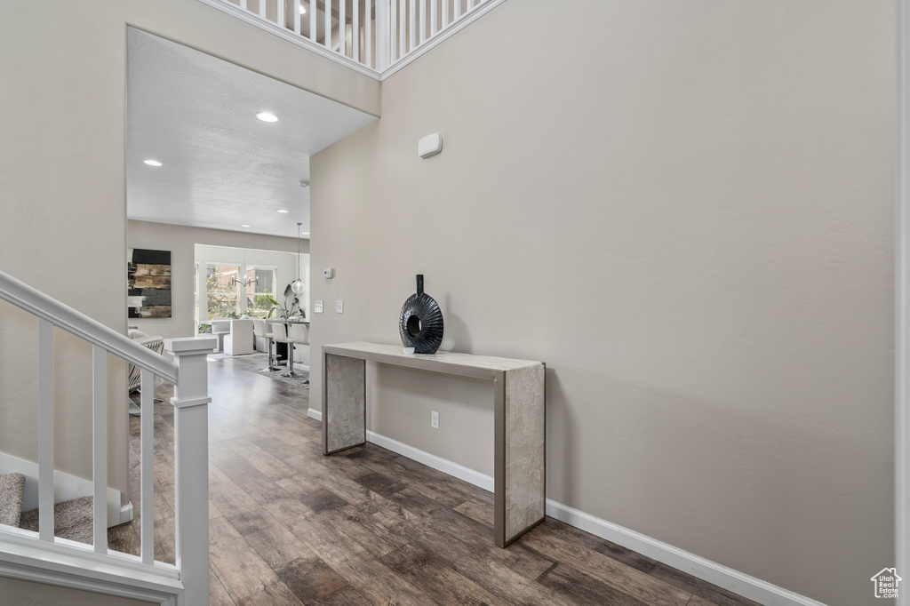 Interior space with a towering ceiling and dark wood-type flooring