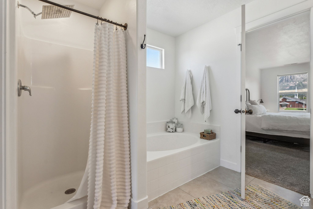 Bathroom with plenty of natural light, tile patterned floors, and a shower with curtain