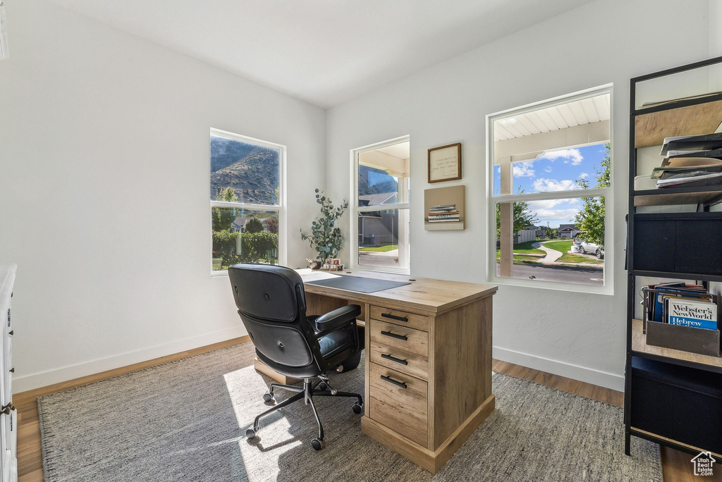 Office space with dark wood-type flooring