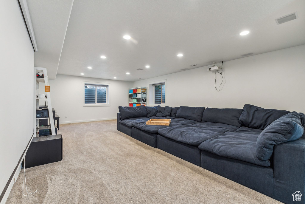 Living room with light colored carpet