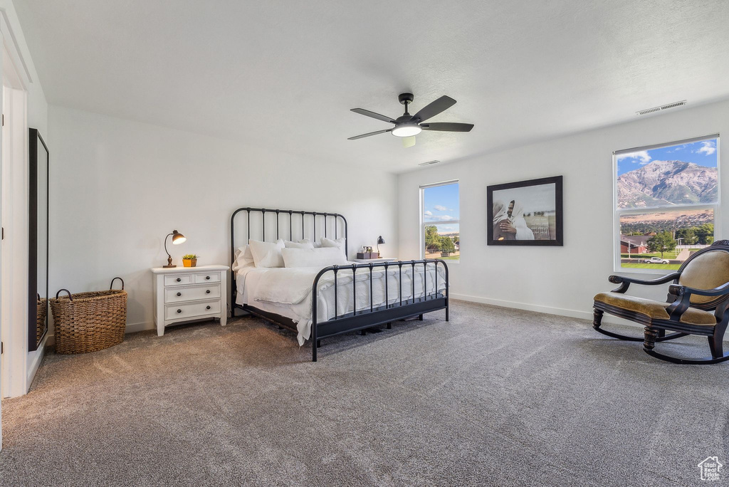 Carpeted bedroom with ceiling fan