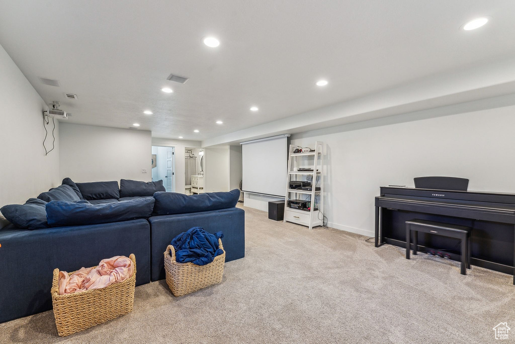 Living room with light carpet