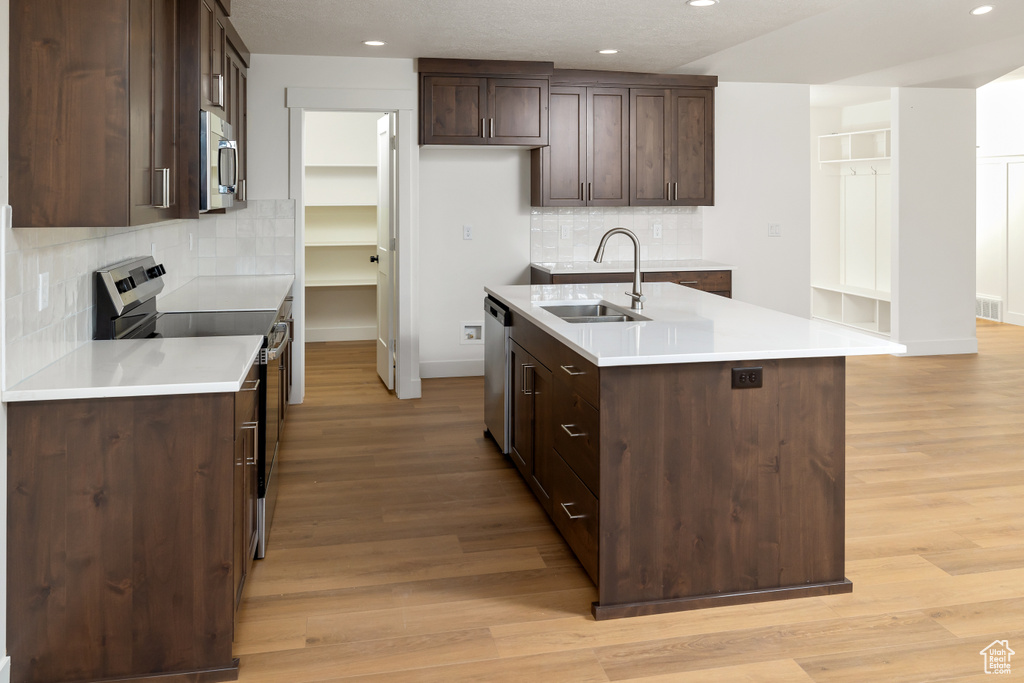 Kitchen featuring light wood-type flooring, decorative backsplash, and stainless steel appliances