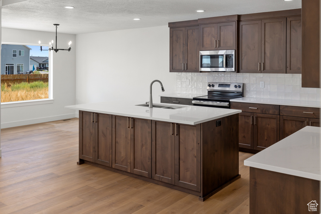 Kitchen featuring sink, hanging light fixtures, light wood-type flooring, tasteful backsplash, and stainless steel appliances