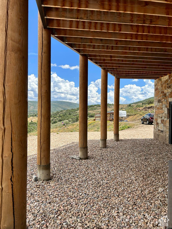 View of patio / terrace featuring a mountain view