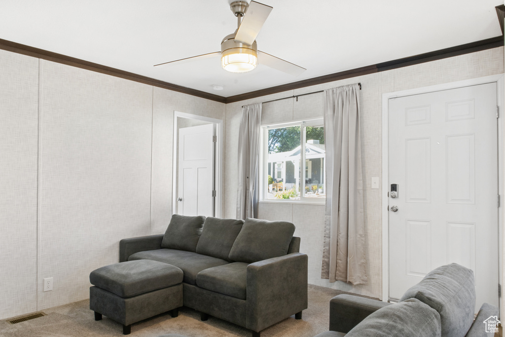 Carpeted living room featuring ceiling fan and ornamental molding