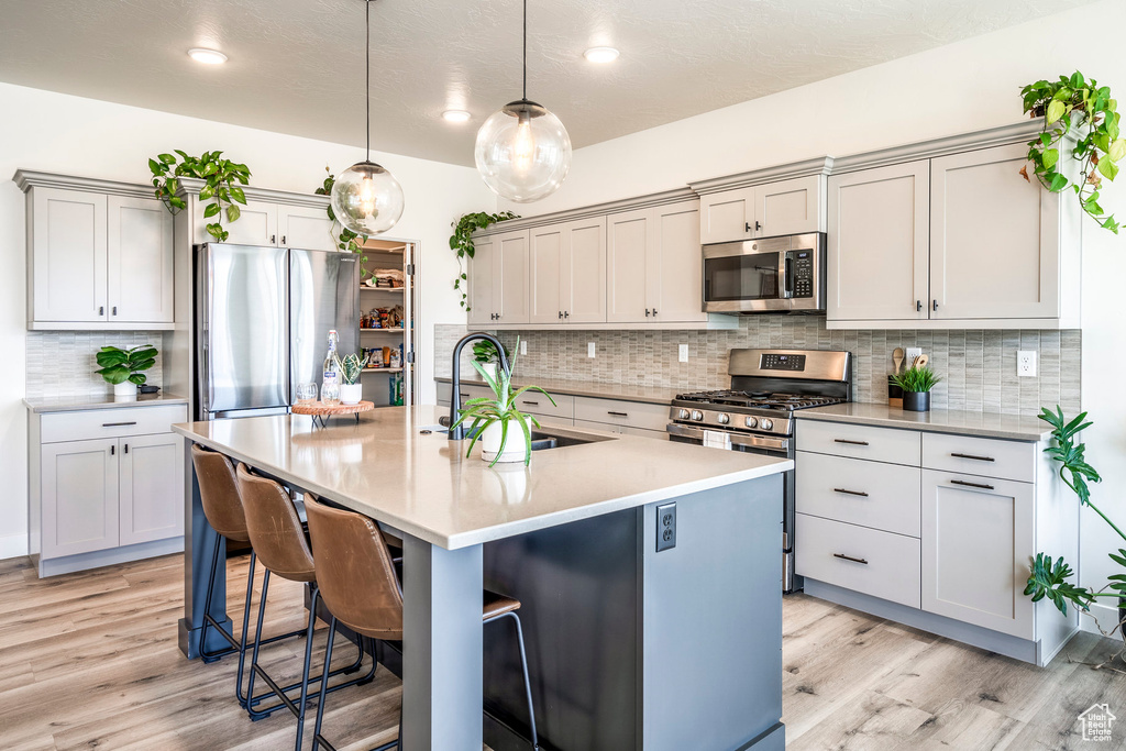 Kitchen with appliances with stainless steel finishes, light hardwood / wood-style floors, and decorative backsplash