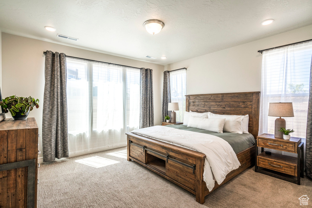 Bedroom featuring multiple windows and light carpet