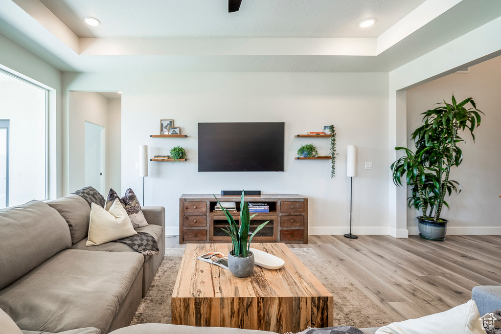 Living room featuring light hardwood / wood-style floors and a tray ceiling