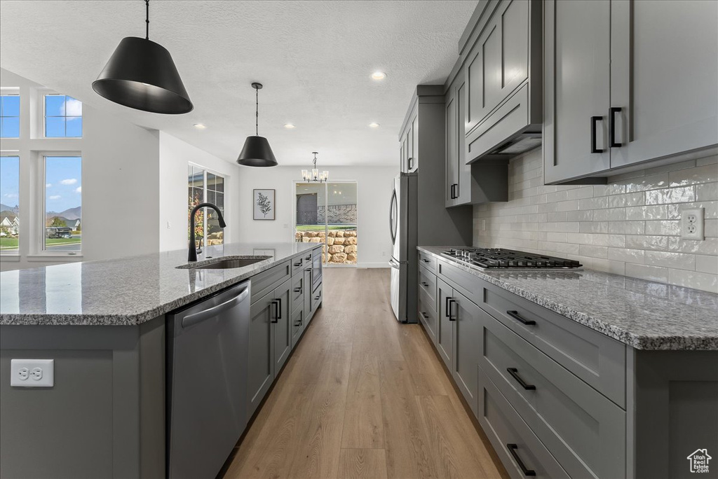 Kitchen featuring light hardwood / wood-style flooring, light stone counters, an island with sink, and stainless steel appliances