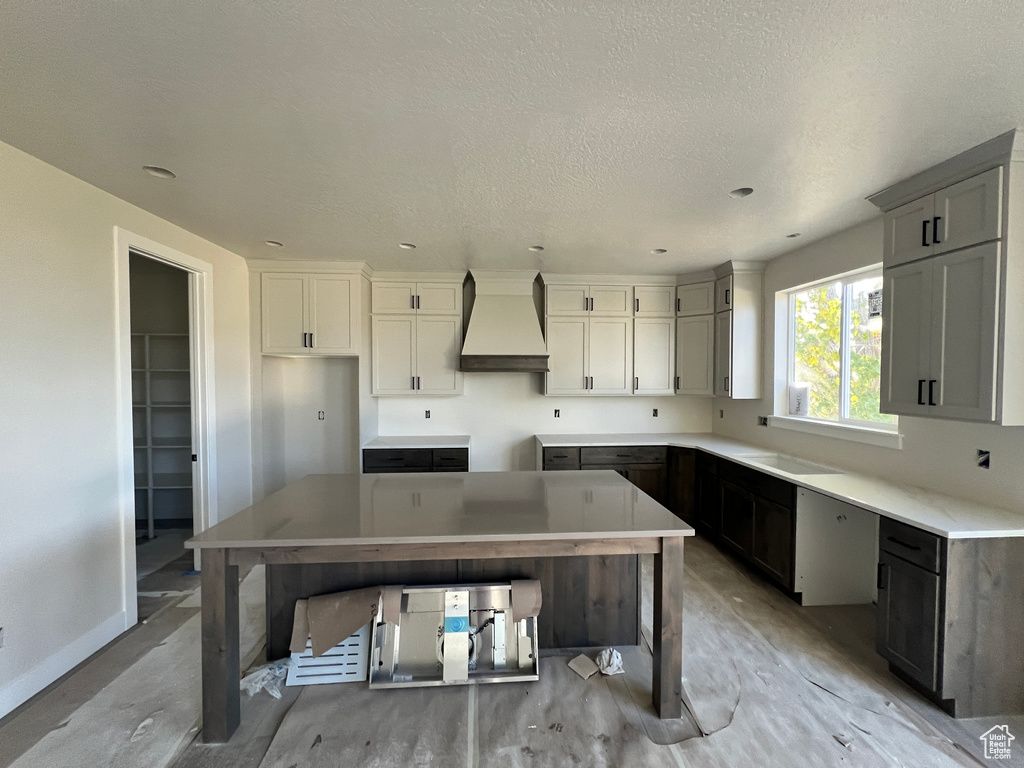 Kitchen with a kitchen island, premium range hood, a textured ceiling, light wood-type flooring, and gray cabinets