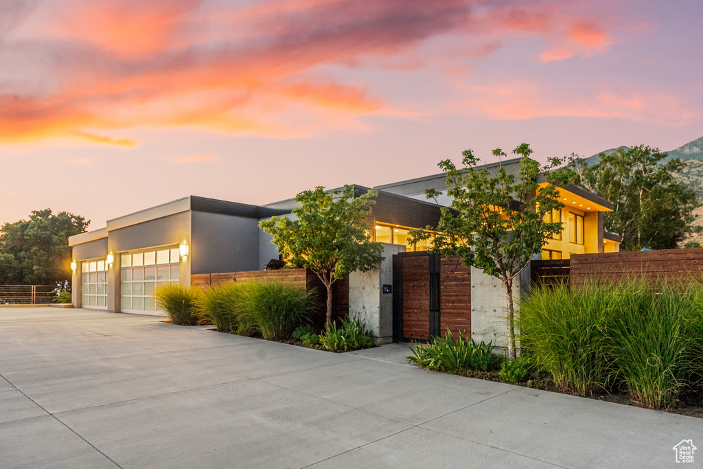 Modern home featuring a garage