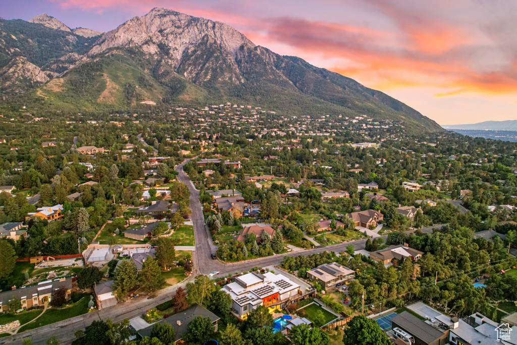 Aerial view at dusk with a mountain view