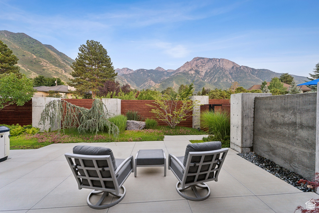 View of patio featuring a mountain view