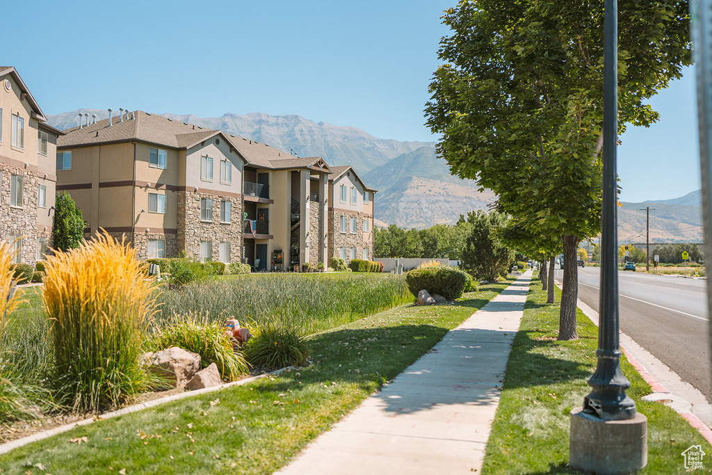 View of community featuring a mountain view and a yard