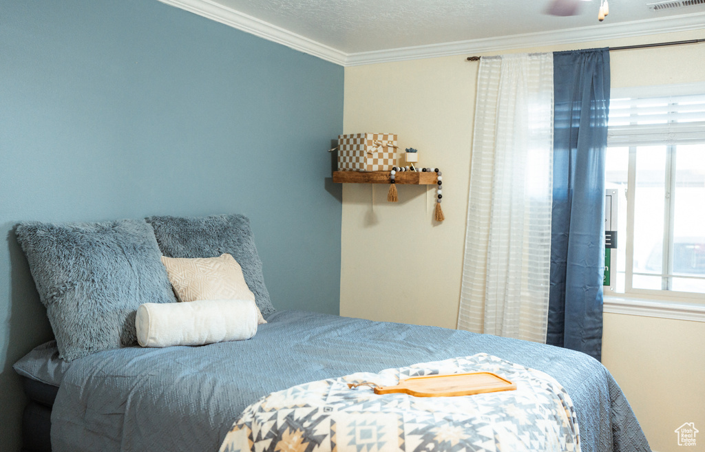 Bedroom with crown molding, multiple windows, and a textured ceiling