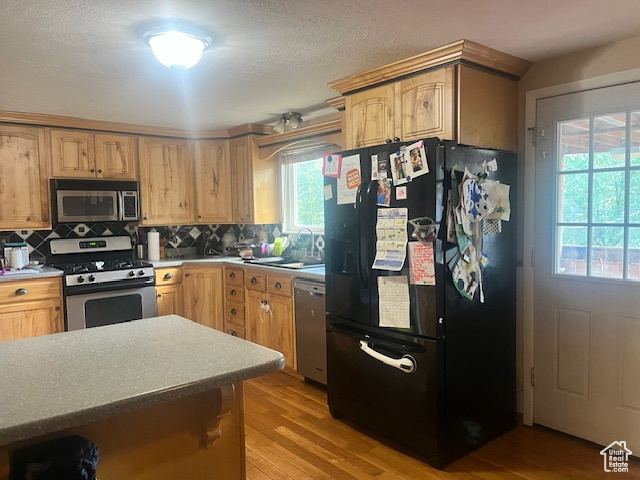 Kitchen with light wood-type flooring, appliances with stainless steel finishes, sink, and tasteful backsplash