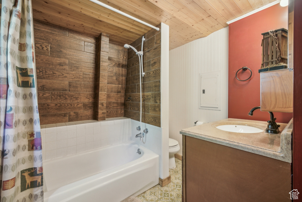 Full bathroom with shower / bath combo with shower curtain, toilet, vanity, and wood ceiling