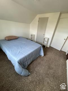 Bedroom featuring carpet and vaulted ceiling