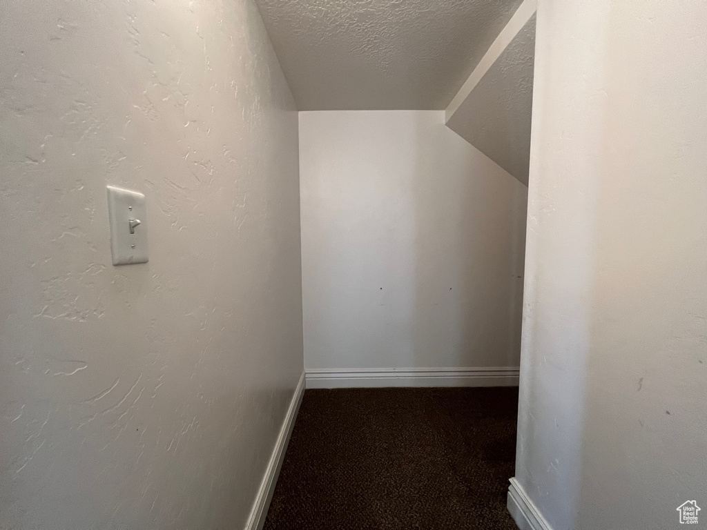 Interior space with carpet flooring and vaulted ceiling