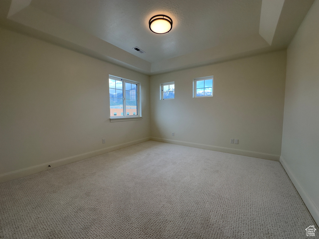 Carpeted empty room with baseboards and a raised ceiling