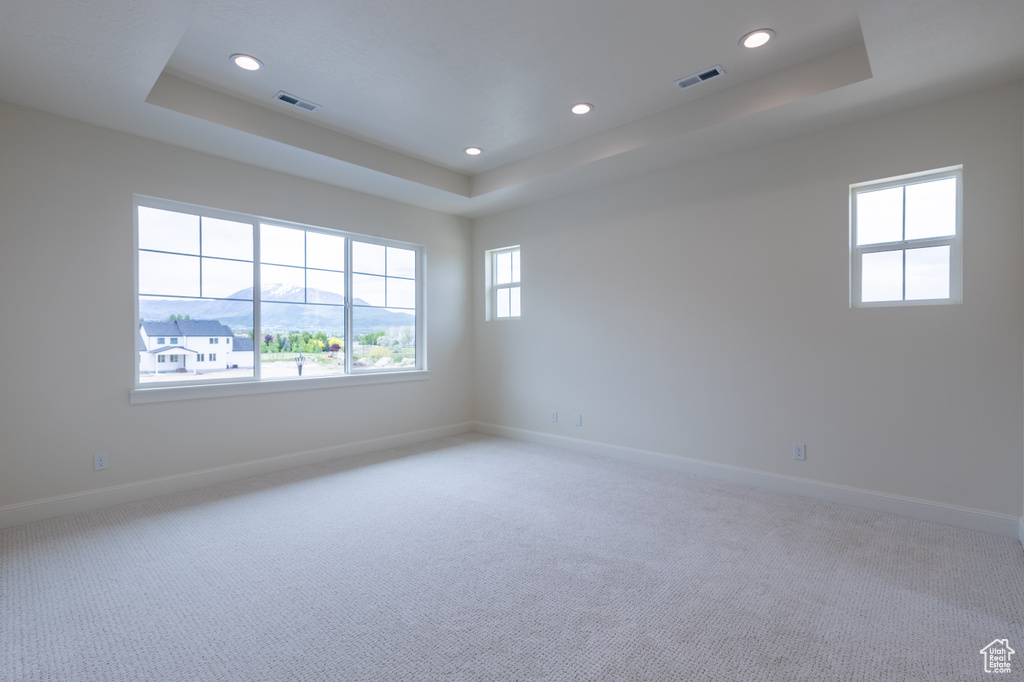 Spare room featuring a tray ceiling, recessed lighting, baseboards, and light carpet
