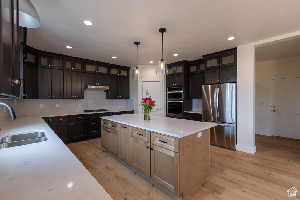 Kitchen with appliances with stainless steel finishes, a sink, light wood finished floors, under cabinet range hood, and recessed lighting
