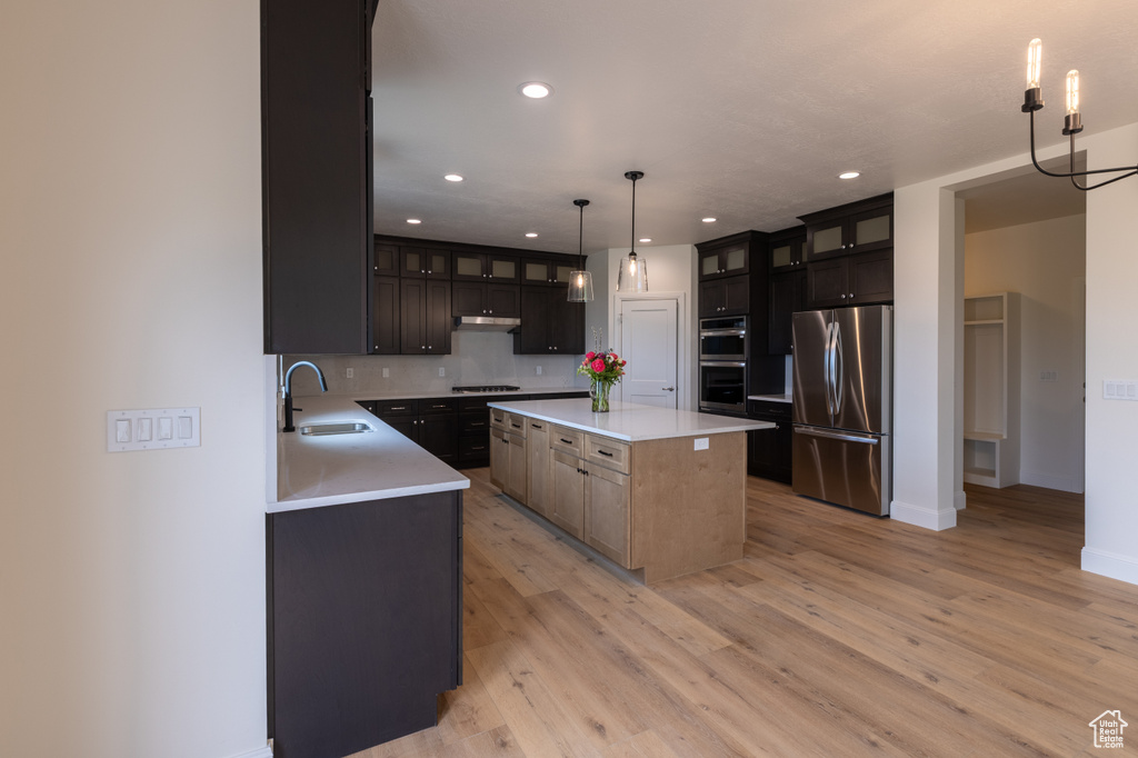 Kitchen with stainless steel appliances, a sink, light countertops, backsplash, and under cabinet range hood