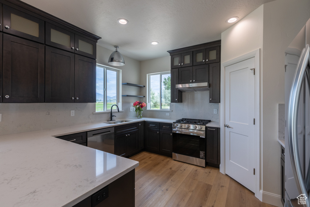 Kitchen with stainless steel appliances, a sink, under cabinet range hood, light wood finished floors, and backsplash