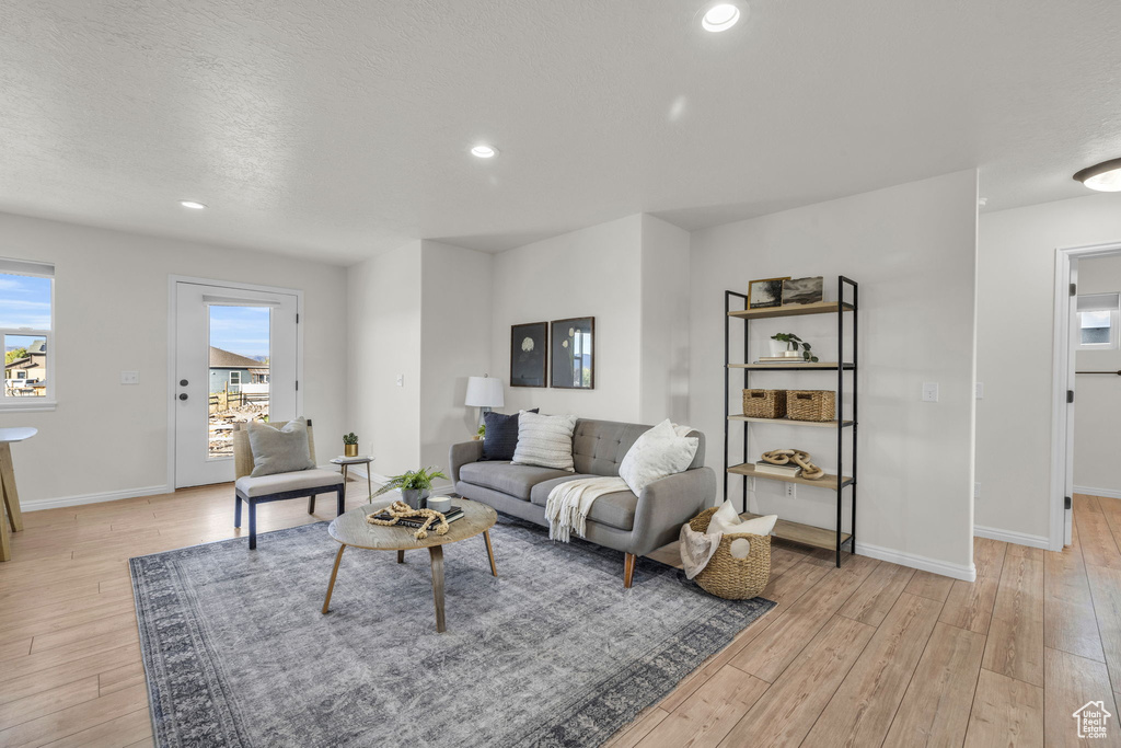 Living room featuring a textured ceiling and light hardwood / wood-style flooring