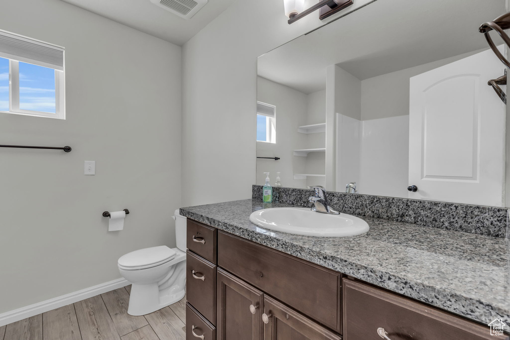 Bathroom featuring hardwood / wood-style floors, toilet, and vanity