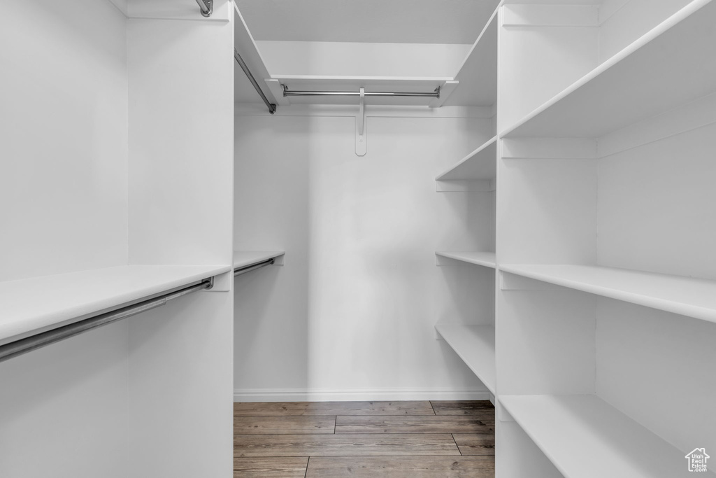 Walk in closet with wood-type flooring