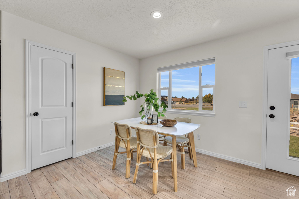 Dining room with light wood-type flooring and a textured ceiling