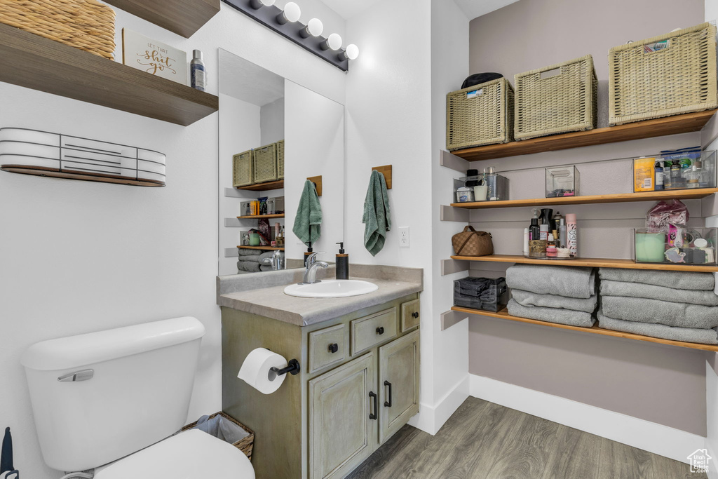 Bathroom featuring hardwood / wood-style flooring, vanity, and toilet