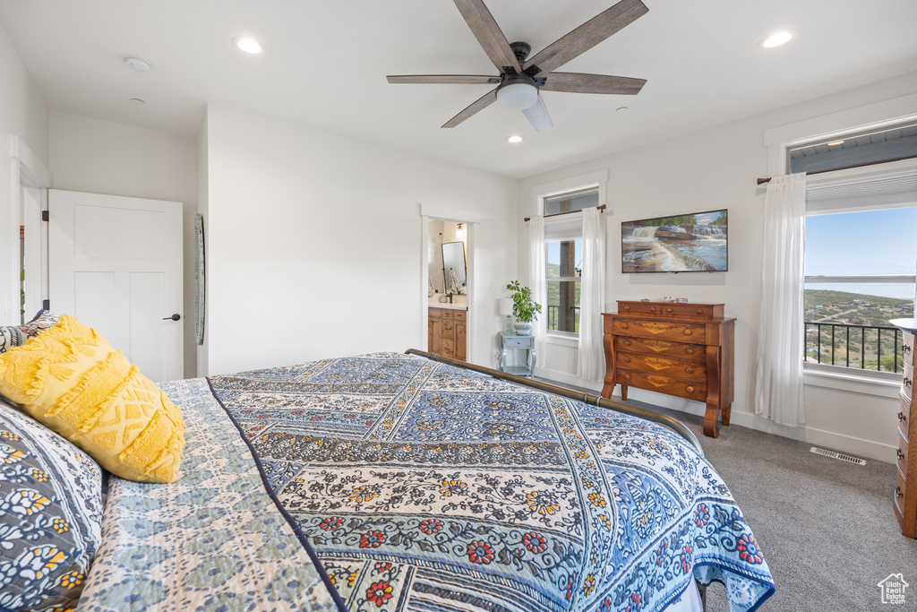 Carpeted bedroom with ceiling fan and connected bathroom