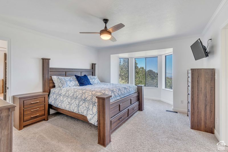 Bedroom with ceiling fan, crown molding, and light colored carpet