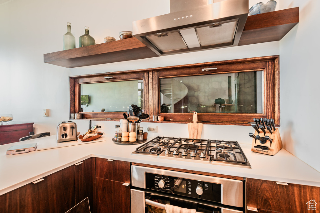 Kitchen with appliances with stainless steel finishes and extractor fan