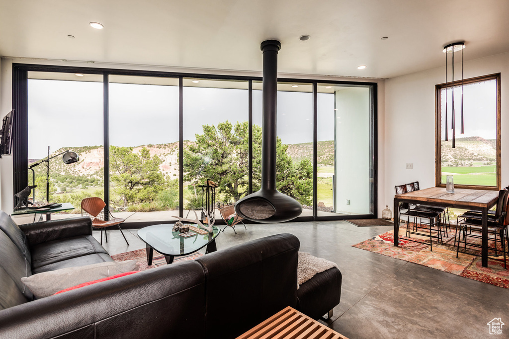 Living room featuring a wall of windows and a wood stove